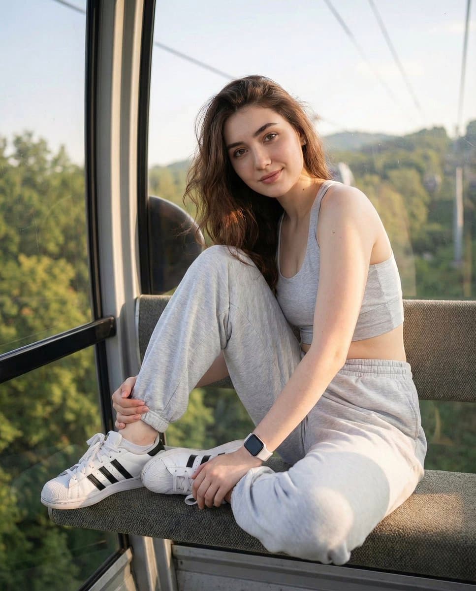 Sitting Sideways on a Cable-car Bench, Legs Relaxed and Slightly...