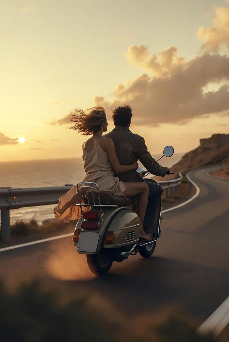 A Romantic Couple Enjoys a Scenic Coastal Drive on a Vintage Scooter...