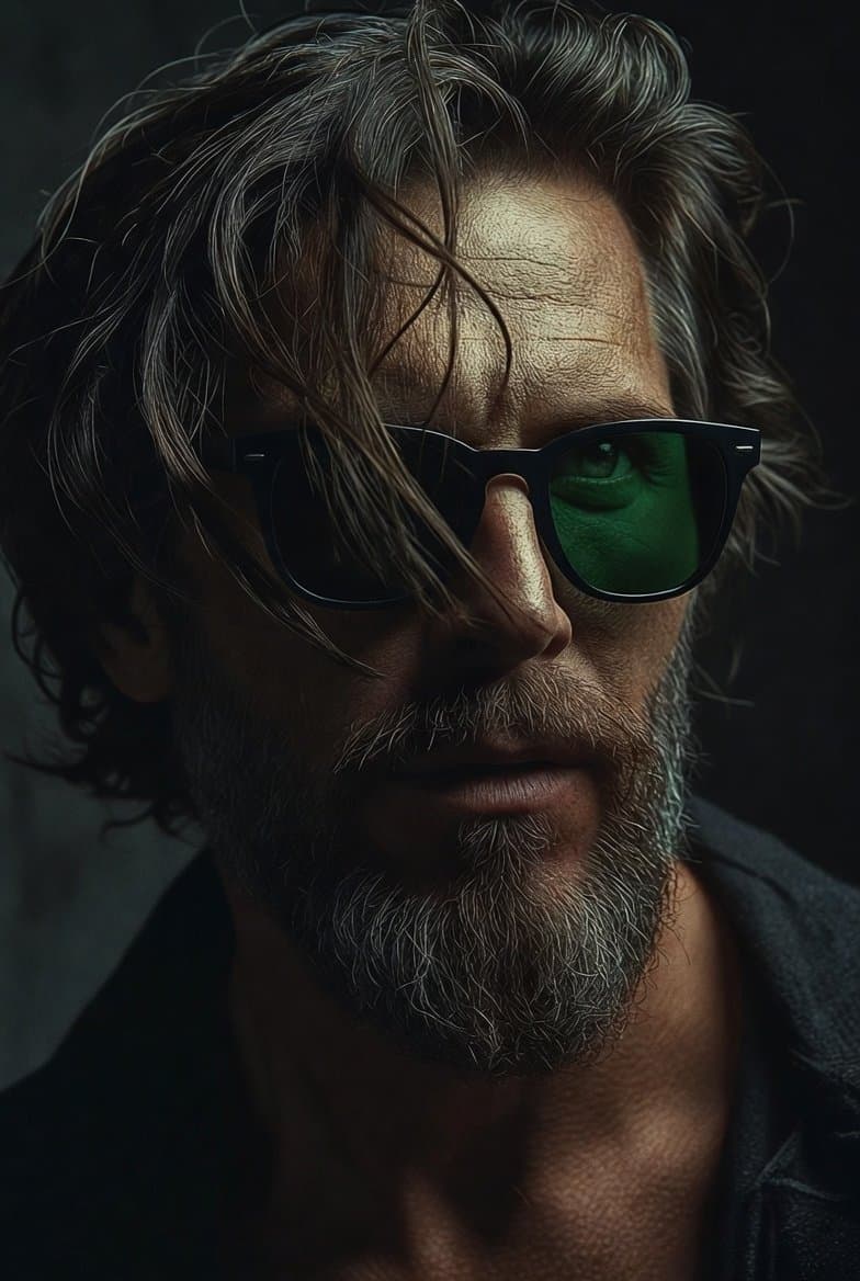A Rugged, Intense Close-up of a Middle-aged Man with a Textured Beard...