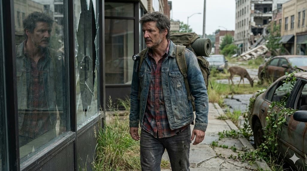 A Rugged Male Survivor Walking Through an Overgrown City Street