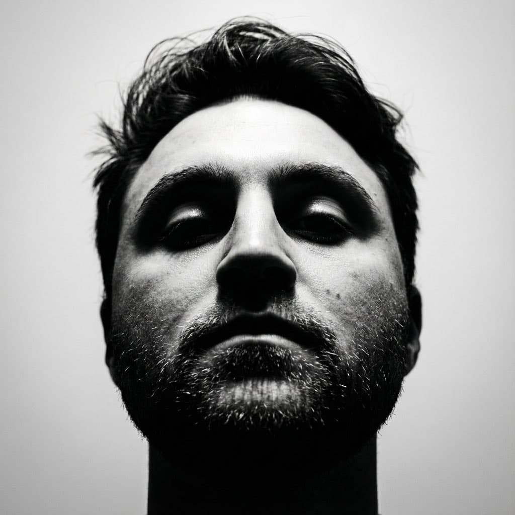 Close-up Black and White of a Man with Tousled Hair and a Rough...