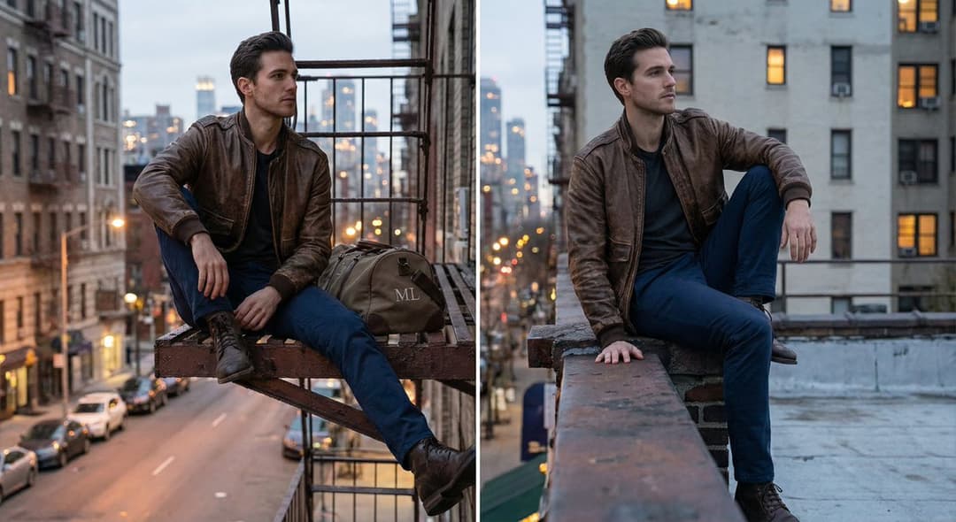 A Male Model, Dressed in a Brown Bomber Jacket, Dark Trousers, Is...