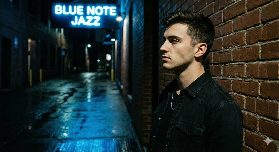 A Young Man Leaning Against a Brick Wall at Night, Illuminated Only...