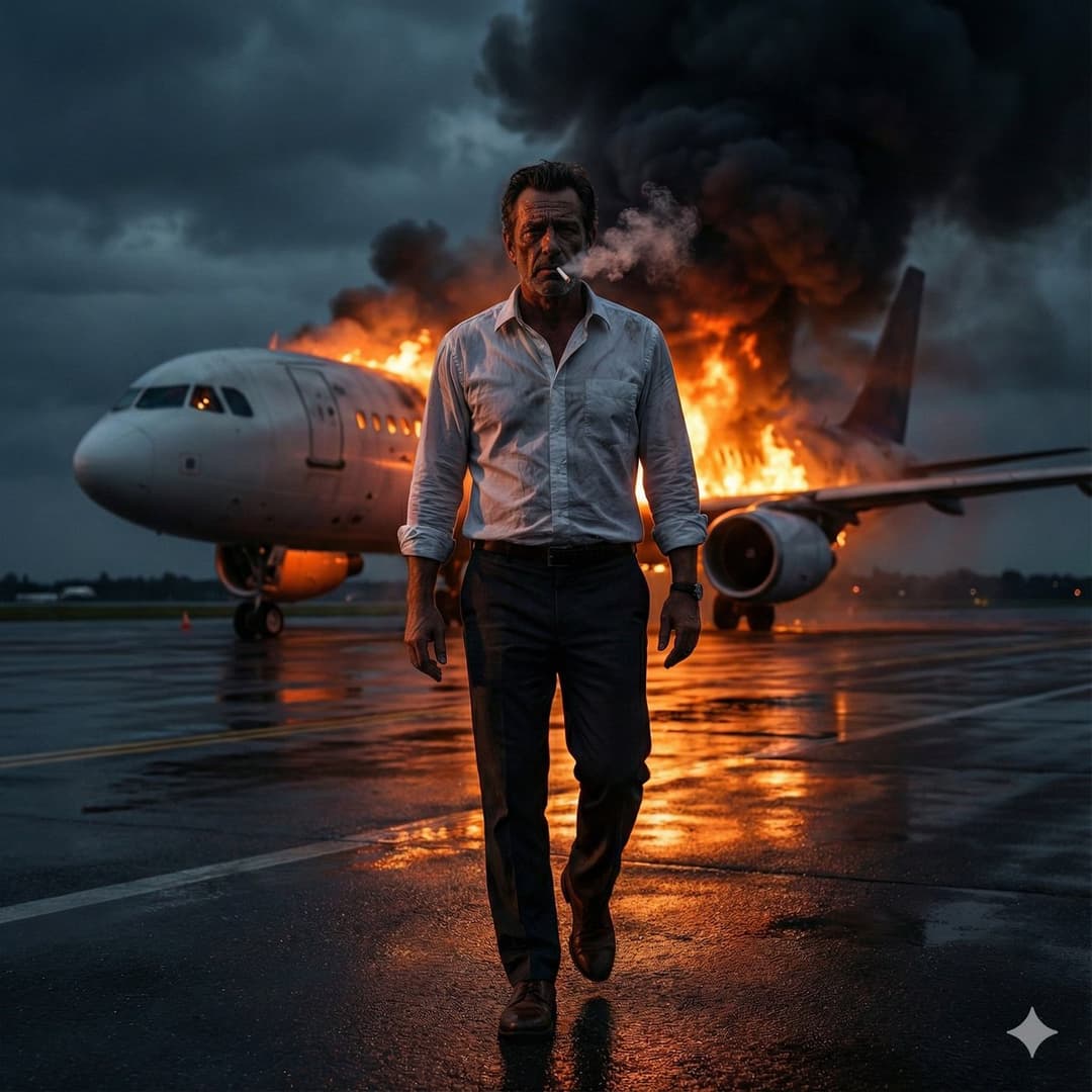 Of a Man Walking Toward the Camera on an Airport Runway at Night,...