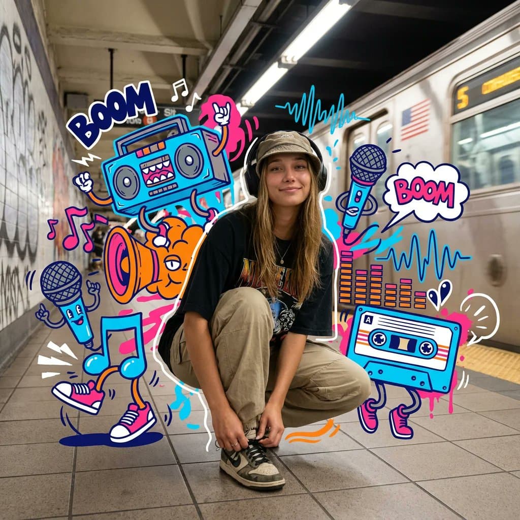 A Vibrant, Mixed-media Masterpiece Featuring a Photorealistic Young...