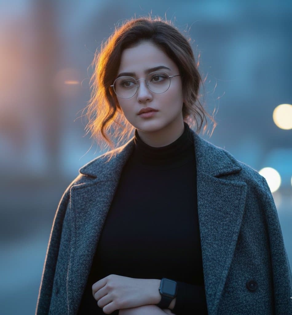 Of a Young Woman, Standing Outdoors in a Quiet After-evening Blue Hour