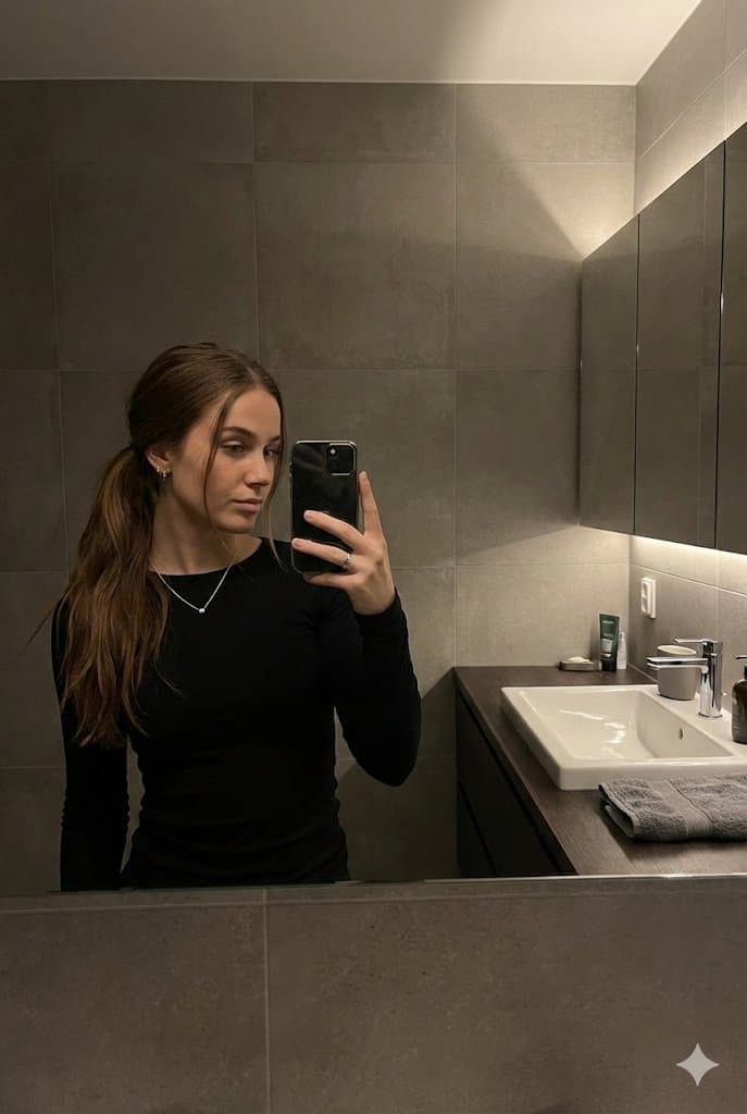 A Young Woman with Long Chestnut-brown Hair Takes a Mirror Selfie in...