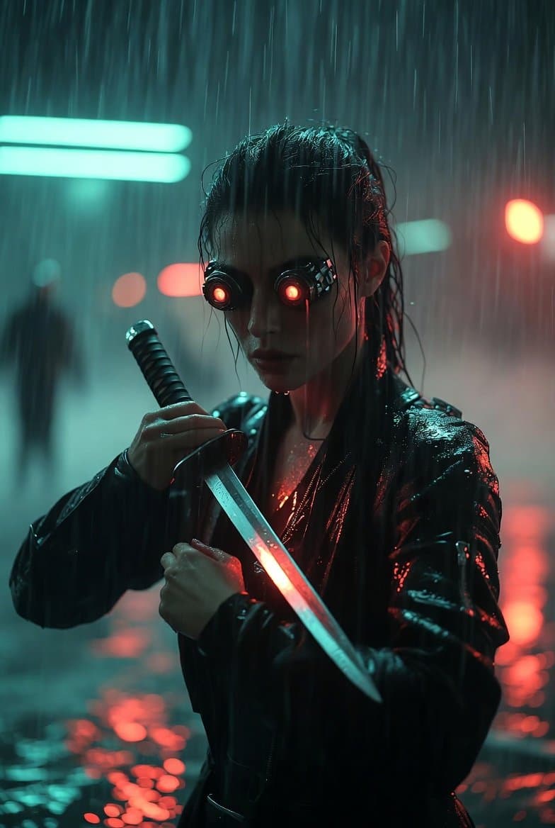 A Cyberpunk Female Assassin Stands in the Pouring Rain, Gripping a...