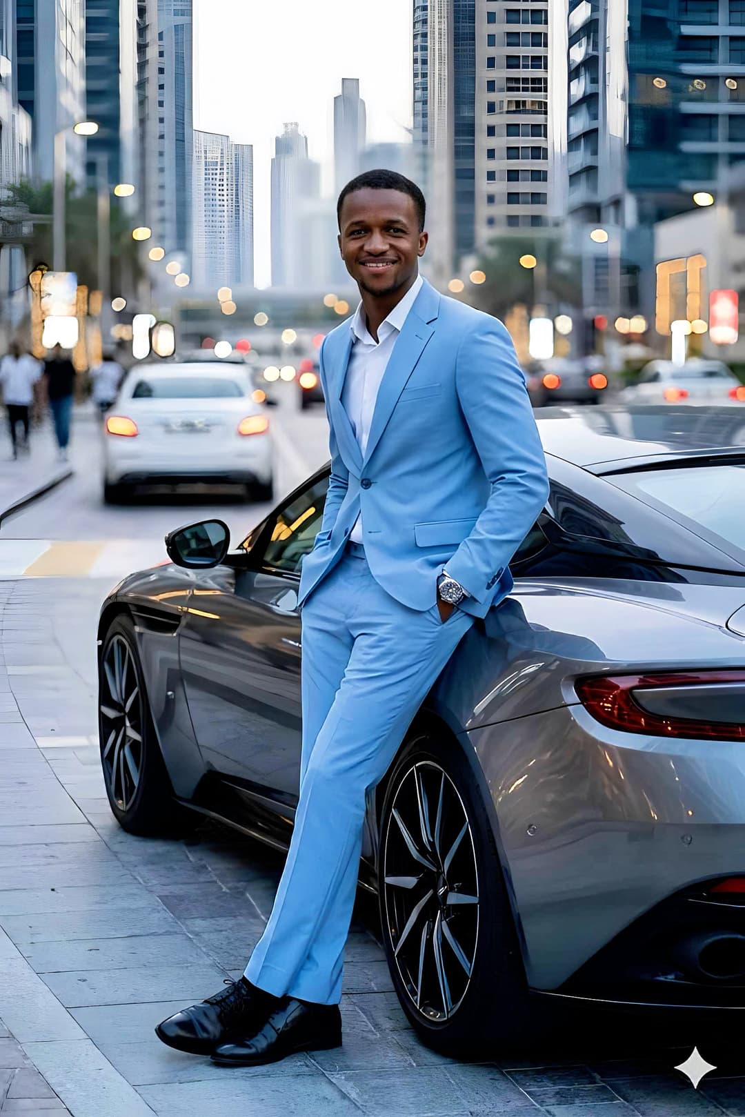 Confident man in front of a car